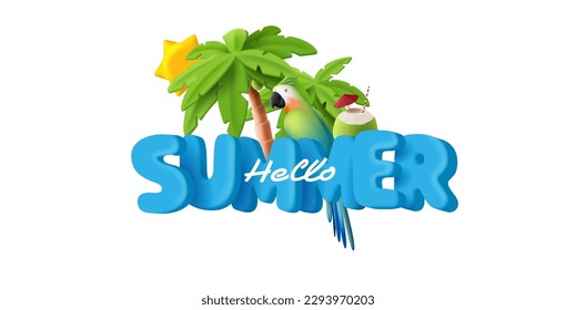 Hello summer 3d render composition with big typography and palm trees with coconut cocktail and budgie with sun, isolated