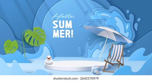Hello summer 3d scene with white circular podium, paper waves and beach chair - tropical monstera leaves, rubber duck and umbrella decoration for seasonal product display and vacation promotion design
