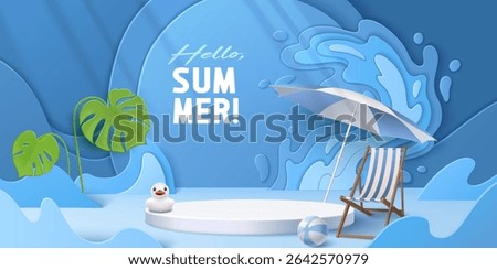 Hello summer 3d scene with white circular podium, paper waves and beach chair - tropical monstera leaves, rubber duck and umbrella decoration for seasonal product display and vacation promotion design