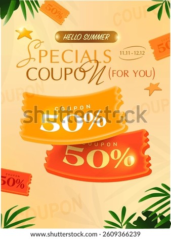 Hello summer 3d travel coupon banner template with percent price off, coupon code, starfish, isolated on sand background. Summer vacation gift voucher for sale off event in 3d vector