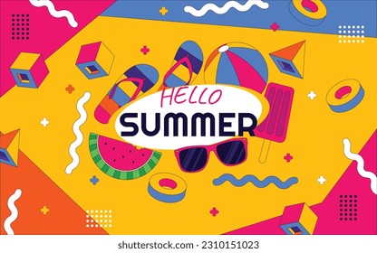 Hello Summer 90's Background with Colorful and Bold Color Style and Memphis Style background with Summer Objects