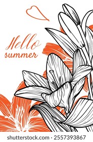 Hello Summer A4 poster design with line art tiger lily flowers. Vector illustration with outline and flat fill with no outlines under it. 