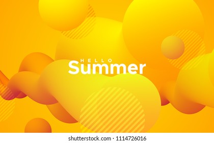 Hello Summer. Abstract 3d colorful shapes. Vector artistic seasonal illustration. Vibrant color gradient stream or cloud. Liquid blended fluids. Creativity concept. Visual communication poster design