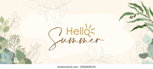 Hello Summer Abstract art background. Luxury minimal wallpaper with golden line art and green exotic eucalyptus plant leaves. Vector art for banner, cover, poster, cards, invitations, Web, packaging