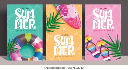 Hello summer abstract background clipart poster set. Hello summer greeting text in colorful tropical background with inflatable floaters, surfboard, flipflop and palm leaves elements clip art vector 