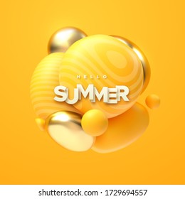 Hello Summer. Abstract Background. Dynamic 3d Spheres. Flowing Yellow And Golden Bubbles With Paper Sign. Particles Cluster. Vector Illustration Of Glossy Soft Balls. Modern Banner Or Poster Design