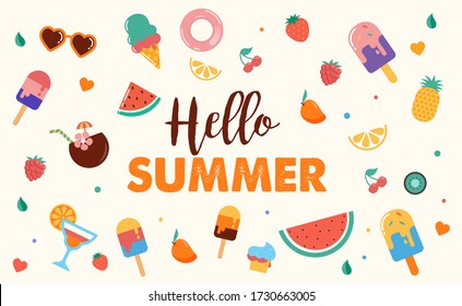 Hello summer abstract background with fruits and ice cream. Summer sale banner, poster design. Summer fun vector illustration.