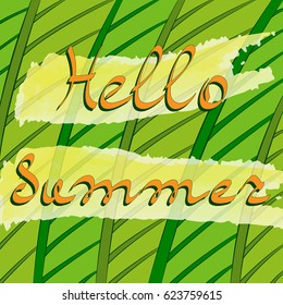 Hello summer. Abstract background with the green leaves. Floral pattern. Design template for postcards, cards, greeting cards, posters, cover etc. Vector illustration.