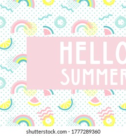 hello summer abstract card. Summer funny wallpaper and background. Fashionable styling. Watermelon, lemon and rainbow vector design.