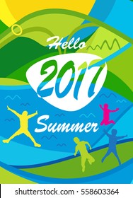 Hello Summer abstract colorful poster. Holiday Olympic Summer Multicolored poster. Vector illustration. Summer Games Brazil Vacation, Holiday kids event Sport camp teen Jumping Web banner 2017 design