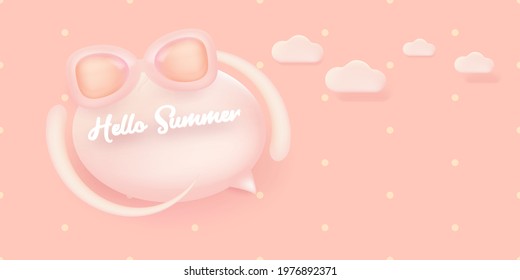 hello summer abstract concept horizontal banner with sunglasses on soft pink background.Vector 3d clay style horizontal hello summer scene