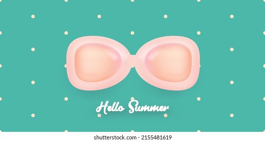 hello summer abstract concept horizontal banner with sunglasses on turquoise background. Vector 3d clay style horizontal hello summer scene, poster, flyer, banner and background