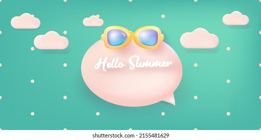 hello summer abstract concept horizontal banner with sunglasses on turquoise background. Vector 3d clay style horizontal hello summer scene, poster, flyer, banner and background