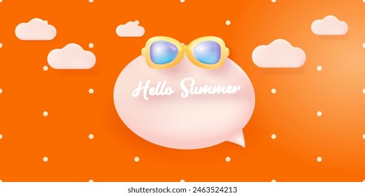 hello summer abstract concept horizontal banner with sunglasses on red background.Vector 3d clay style horizontal hello summer scene. Hello summer poster and cover design template
