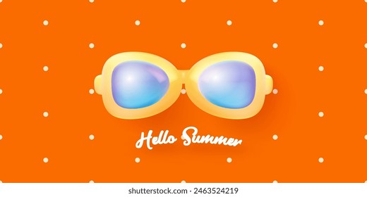 hello summer abstract concept horizontal banner with sunglasses on red background.Vector 3d clay style horizontal hello summer scene. Hello summer poster and cover design template