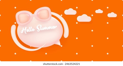 hello summer abstract concept horizontal banner with sunglasses on red background.Vector 3d clay style horizontal hello summer scene. Hello summer poster and cover design template