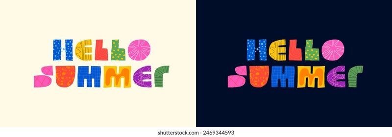 Hello Summer abstract decorative inscription concept. Modern colorful graphic shapes lettering for holiday or vacation event. Summertime season trendy creative logo. Sunny bright badge isolated