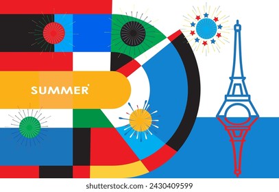 Hola verano líneas fluidas abstractas formas y fondo de color, vocación de campamento, fuegos artificiales de vacaciones de viaje banner colorido, cubierta del folleto, estilo retro 80 y 90 plantilla de vector de póster de publicidad