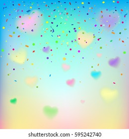 Hello Summer abstract futuristic poster with falling confetti, bright sparkles, blurred hearts. Vector mock up background for Carnival Birthday Holiday. Festive Hawaii Hula, Hawaiian sky love romance