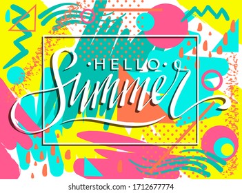 Hello summer, abstract geometric retro vintage background in memphis style. Summer vector poster, card, print, banner.