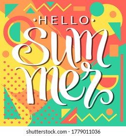 Hola verano, fondo retro geométrico abstracto en estilo memphis. Afiche vectorial de verano, tarjeta, impresión, cartel.