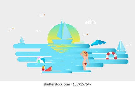Hello Summer. Abstract girl wearing swimsuit and big hat, standing on the beach. Sea background. paper cut layer style vector illustration - Vector