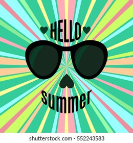 Hello summer abstract poster or card design. Summer party design template. Sun shining icon. Abstract face with sunglasses on retro sunburst background. Vector illustration