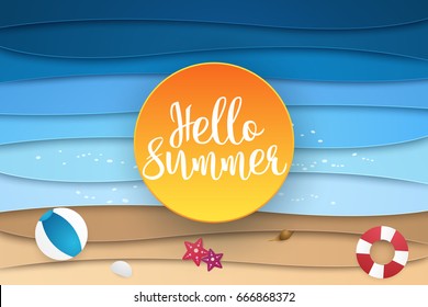 Hello summer , abstract sea and beach background , paper art style