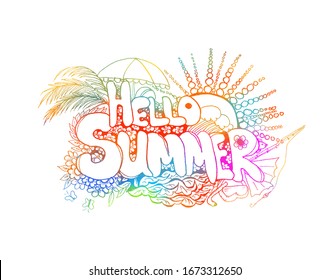 Hello summer. Abstract text. Sun, sea, palm trees. Mixed media. Vector illustration
