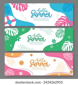 Hello summer abstract vector banner set. Summer hello greeting text with tropical leaves decoration elements for tropical background collection. Vector illustration summer abstract banner.
