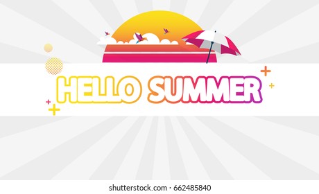 Hello Summer Abstract Vector Design with Rising Sun and Other Summer Design Elements