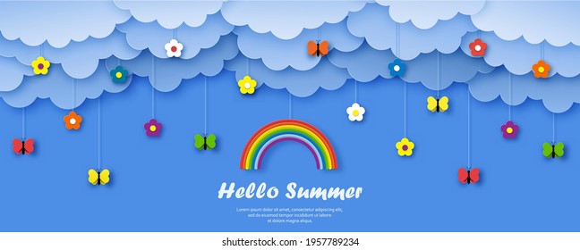 Hello summer abstract web template, sale background banner, cute botanical poster. Flowers and butterflies on sky and fluffy clouds background. Vector design template in paper art style.