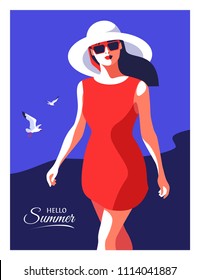 Hello Summer. Abstract woman  wearing red dress, big white hat and sunglasses, walking on the beach. Sea background with gulls. Vector illustration