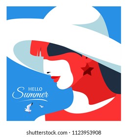Hello Summer. Abstract woman wearing red dress and big white hat. Sky background with gulls. Vector illustration