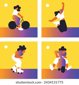 Hello Summer. Active recreation, bike, skate, roller skates, diving. Summer time. Summer vacation.  Woman on the beach. Set Vector flat illustration
