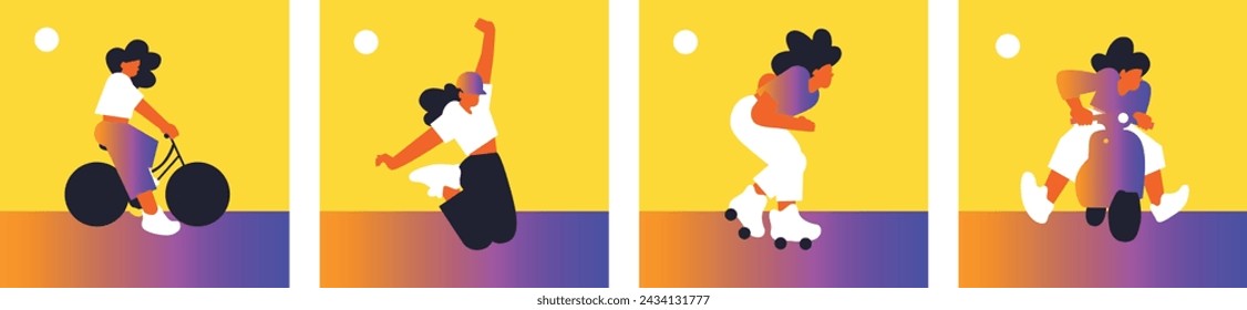Hello Summer. Active recreation, bike, skate, roller skates, diving. Summer time. Summer vacation.  Woman on the beach. Set Vector flat illustration