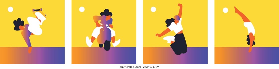 Hello Summer. Active recreation, bike, skate, roller skates, diving. Summer time. Summer vacation.  Woman on the beach. Set Vector flat illustration