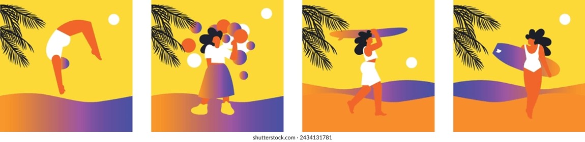 Hola Summer. Recreación activa, bicicleta, patín, patines, buceo. Hora de verano. Vacaciones de verano.  Mujer en la playa. Ilustración plana del vector