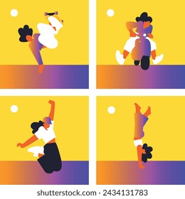 Hello Summer. Active recreation, bike, skate, roller skates, diving. Summer time. Summer vacation.  Woman on the beach. Set Vector flat illustration