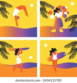 Hello Summer. Active recreation, bike, skate, roller skates, diving. Summer time. Summer vacation.  Woman on the beach. Set Vector flat illustration