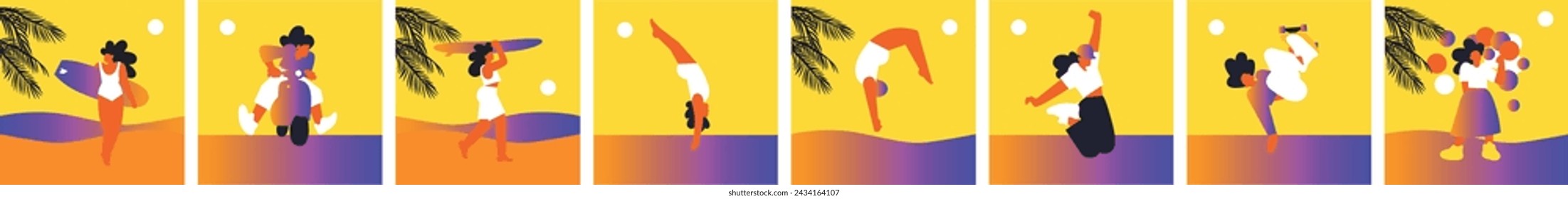 Hello Summer. Active recreation, bike, skate, roller skates, diving. Summer time. Summer vacation. Woman on the beach. Set Vector flat illustration