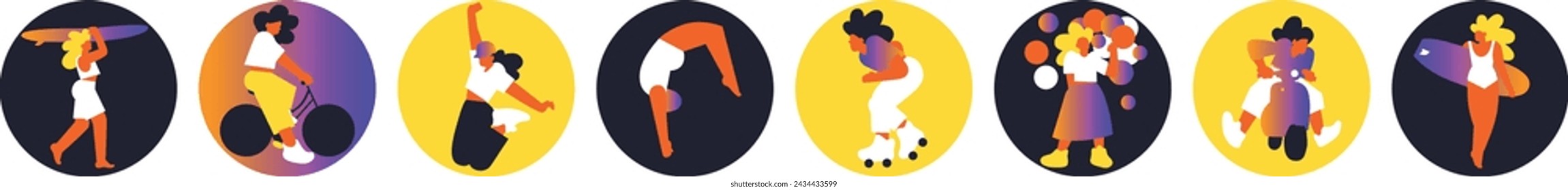 Hello Summer. Active recreation. Summer time. Summer vacation. Happy Woman. Vector flat illustration