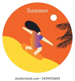 Hola Summer. Recreación activa. Hora de verano. Vacaciones de verano. Mujer feliz. Ilustración plana del vector