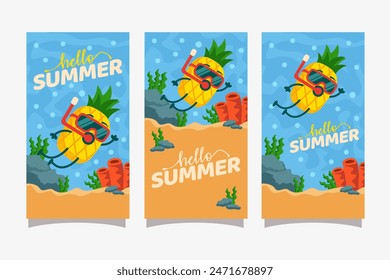 Hello summer activity with pineapple mascot character for social media stories banner