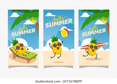 Hello summer activity with pineapple mascot character for social media stories banner