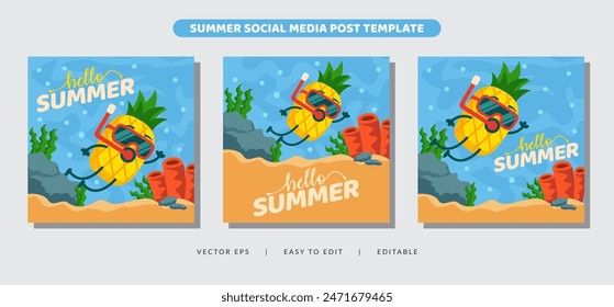 Hello summer activity with pineapple mascot character for social media post banner