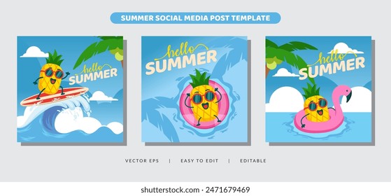Hello summer activity with pineapple mascot character for social media post banner