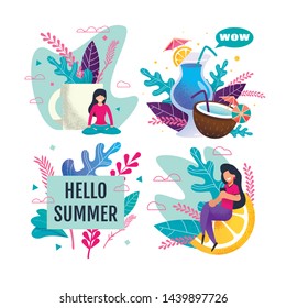 Hello Summer Advertisement Set with Resting People. Cartoon Woman Meditating and Relax on Vacation, Chatting Social Network on Mobile. Drink Menu Promotion Flat Banner. Vector Illustration