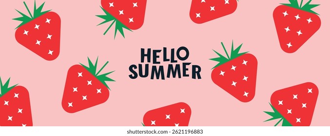 Hallo Sommer - Werbung horizontale Web-Banner. Geometrische minimalistische abstrakte Illustration von Erdbeeren auf rosafarbenem Hintergrund. Vektorgrafik im flachen Stil.