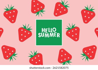 Hello summer - publicidade horizontal banner web. Ilustração abstrata minimalista geométrica de morangos sobre fundo rosa. Ilustração vetorial.